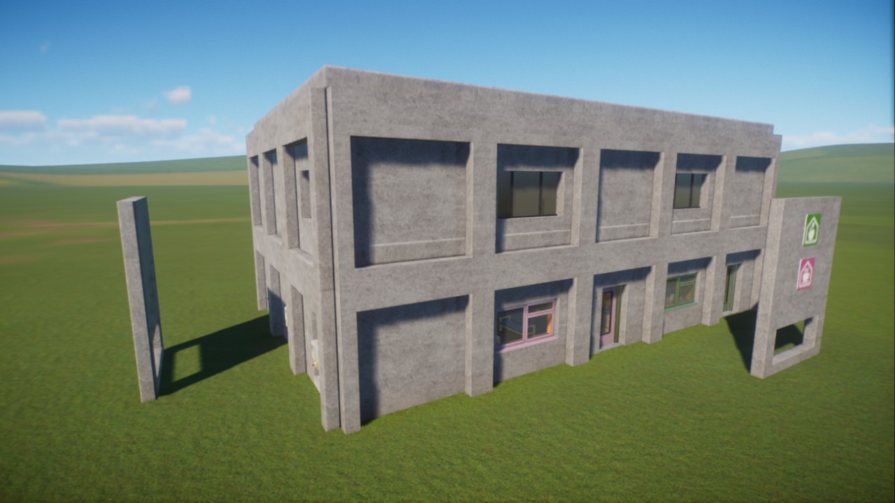 Brutalist style staff building (staff center, utilities, keeper hut)