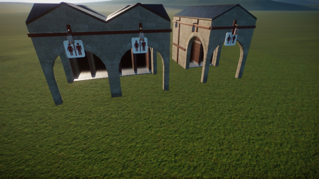 Red-trim restrooms, large and small