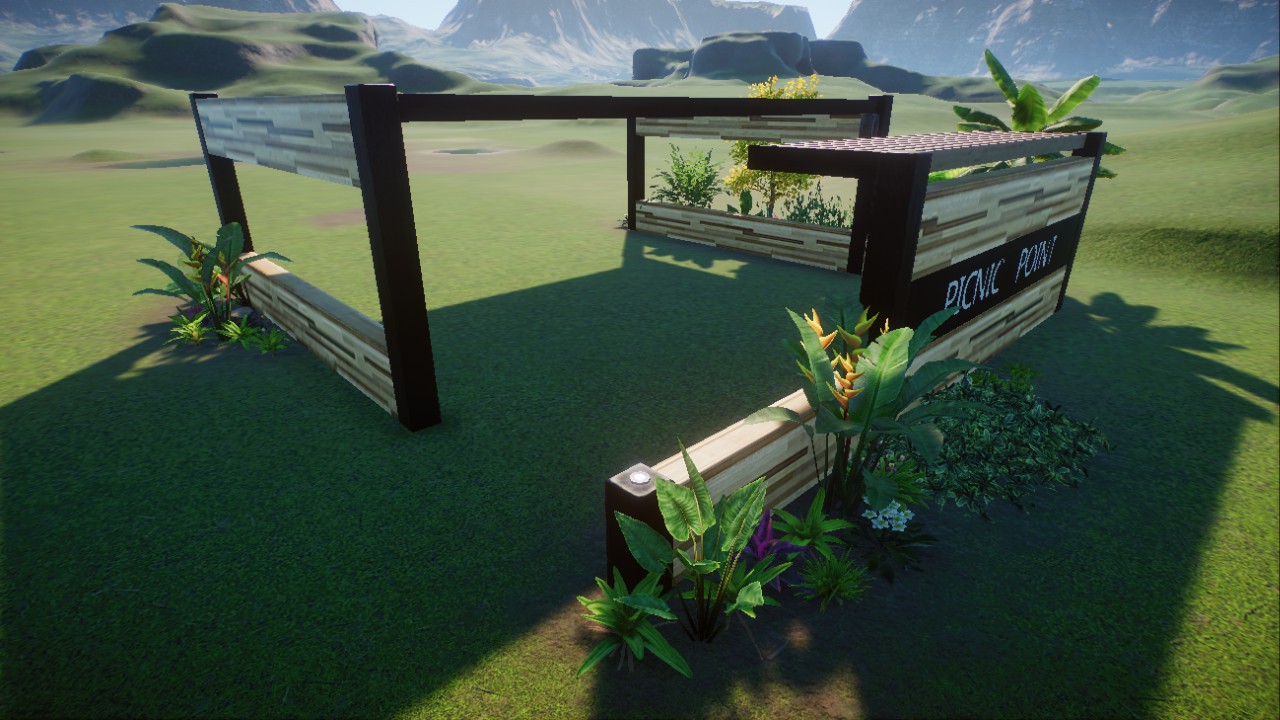 Black and Wood Covered Picnic Area with Tropical Foliage preview