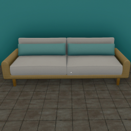 Rattan Sofa White with Ice Blue Pillows