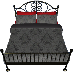 Decorative Metal Bed - Black Damask with Red, Gold with Chrome filligree