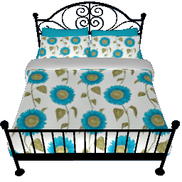 Decorative Metal Bed - Teal Sunflowers, Black with Gold filligree