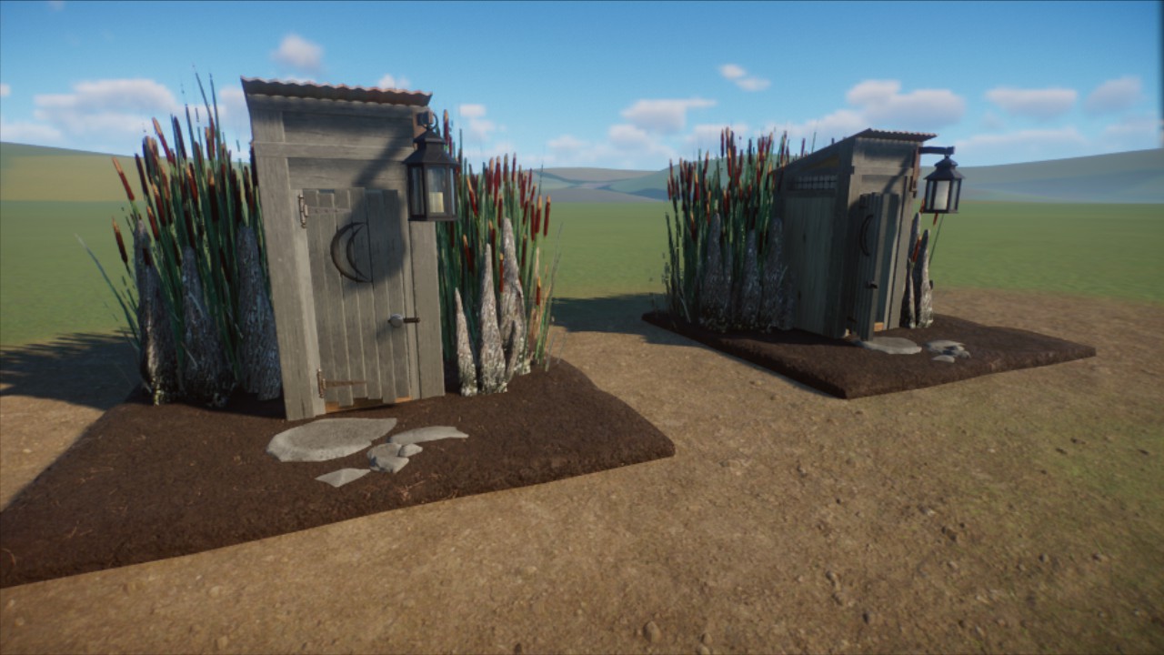 Two Outhouses/toilets (open and close door)