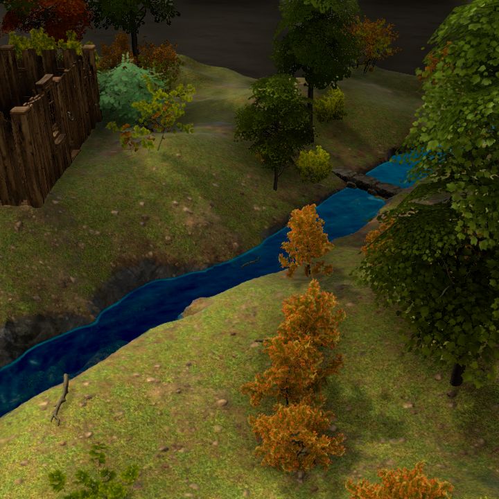 Forest ruined cabin stream