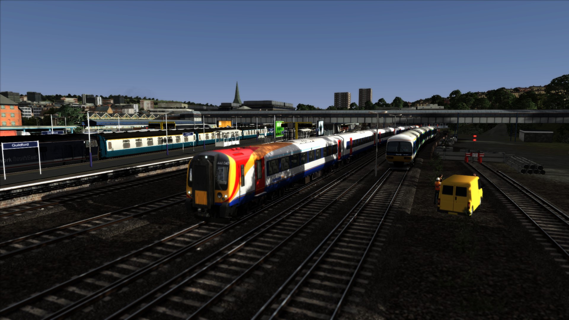 Evening train (Lighting Fixed) 444045 EMU South West Trains 5 car passenger Guilford to Portsmouth Stopping all Stations.