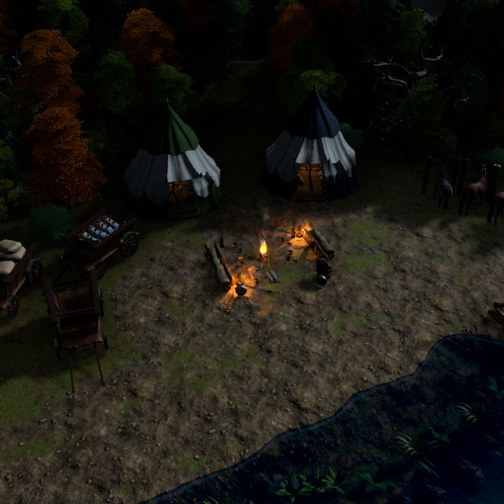 Campsite next to river at night