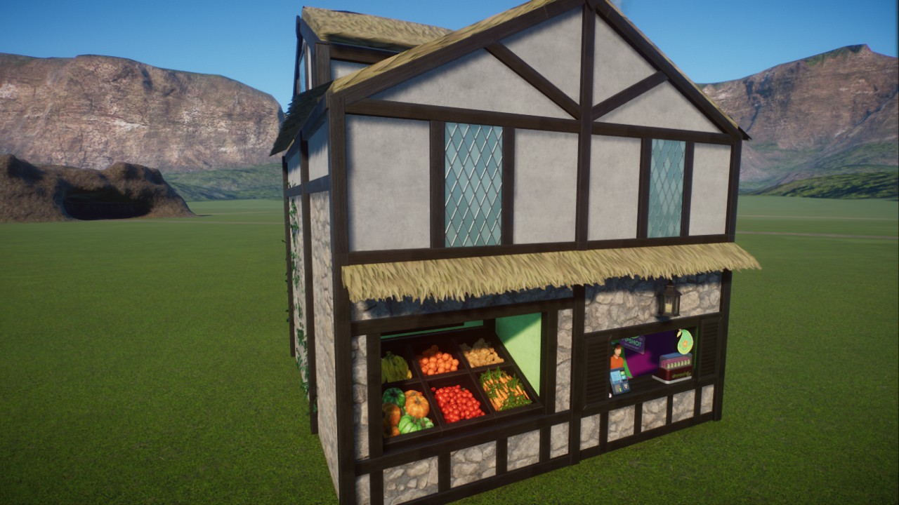 Thatched Tudor/Medieval Pip Shot with fruit & veg display