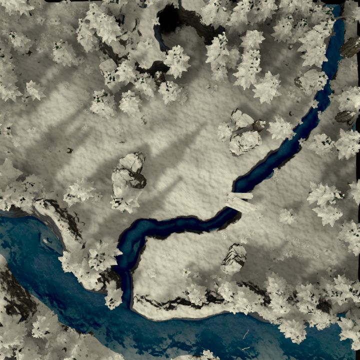 Snowy forest with cave