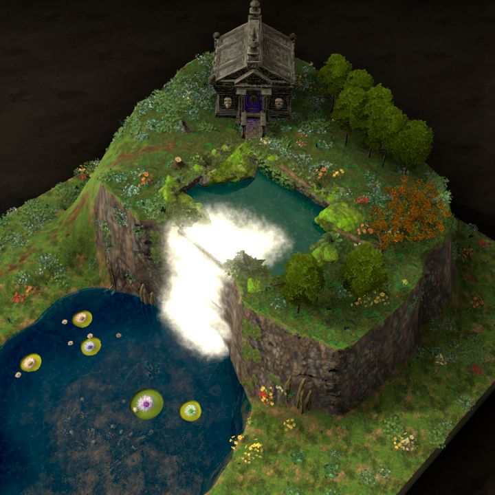 Waterfall lake with tomb of evil
