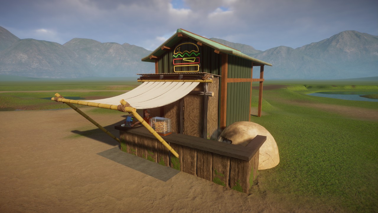 Tropical food/ water stand with toilets in the back