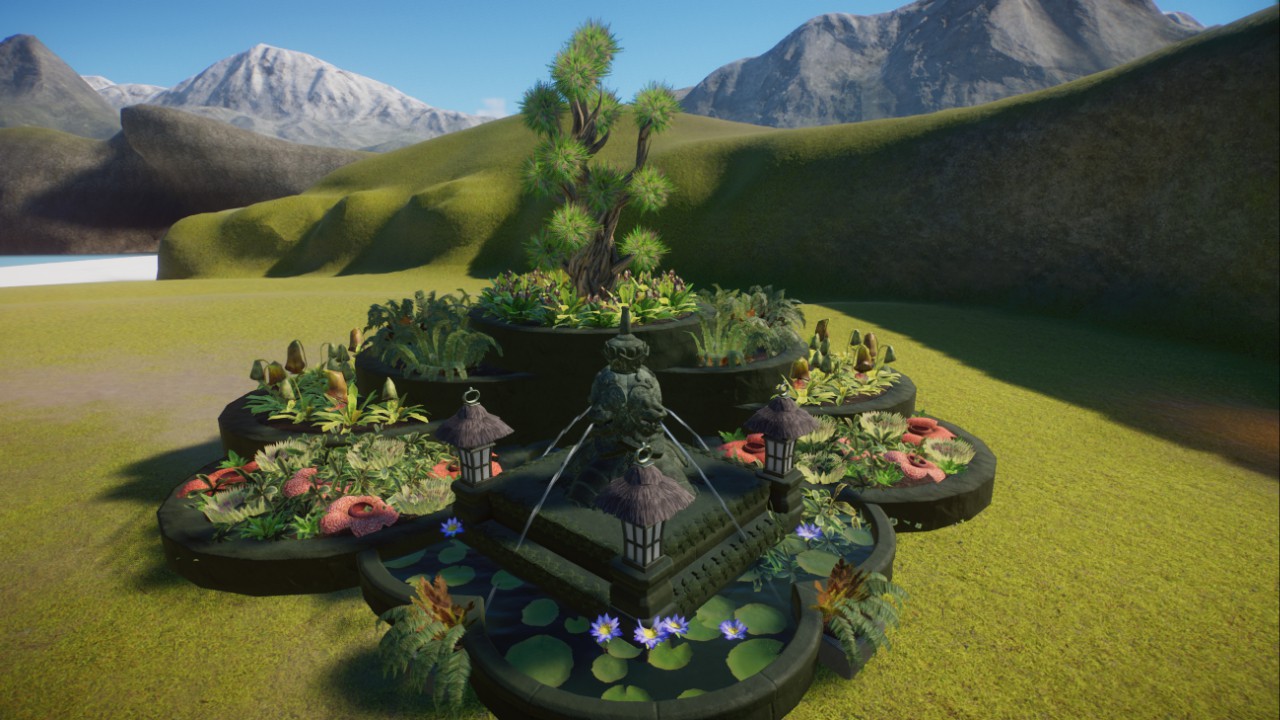 plant stairs, flower stairs with fountain, Blumentreppe mit Brunnen