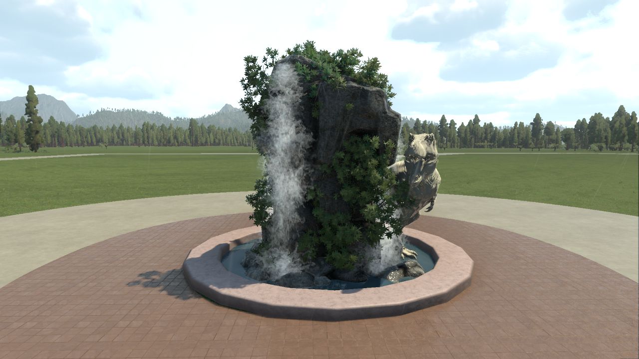 Modern rock fountain with T-rex.