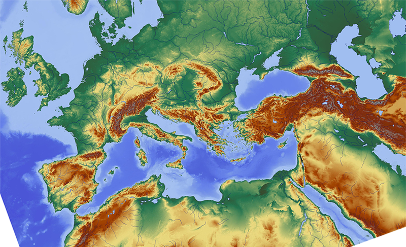 Europe,North Africa,the Middle East-topographic map