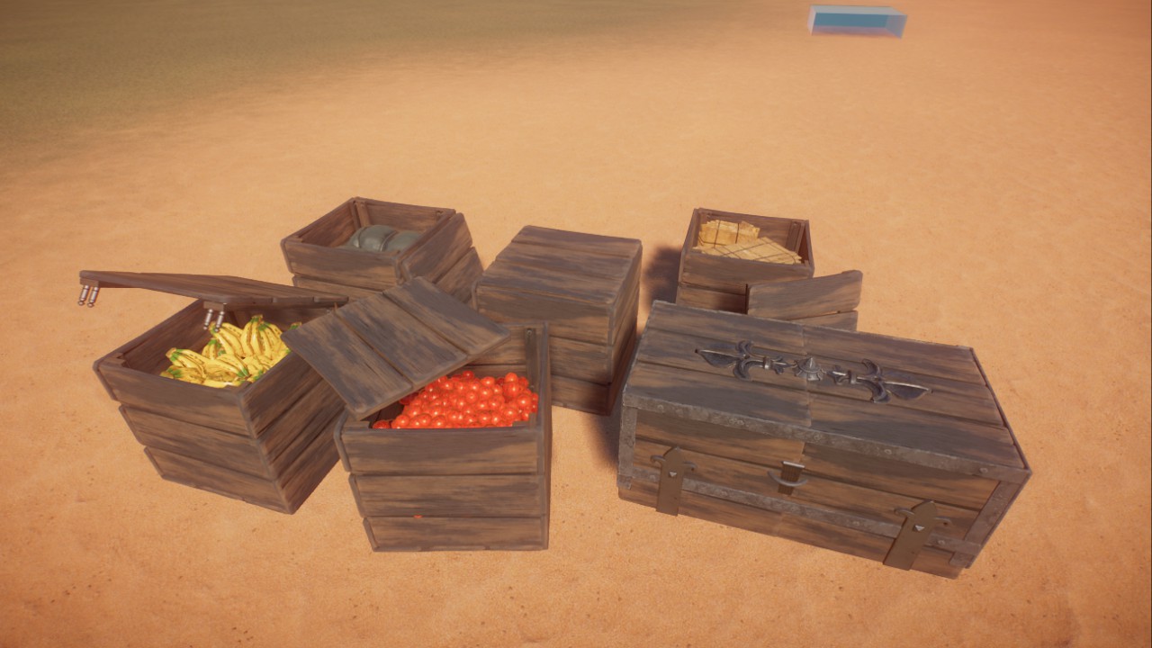 backstage props,wooden boxes and a chest,  Backstage Requisiten, Holzkisten und Truhe