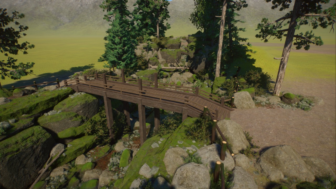 Rustic wood bridge over small canyon