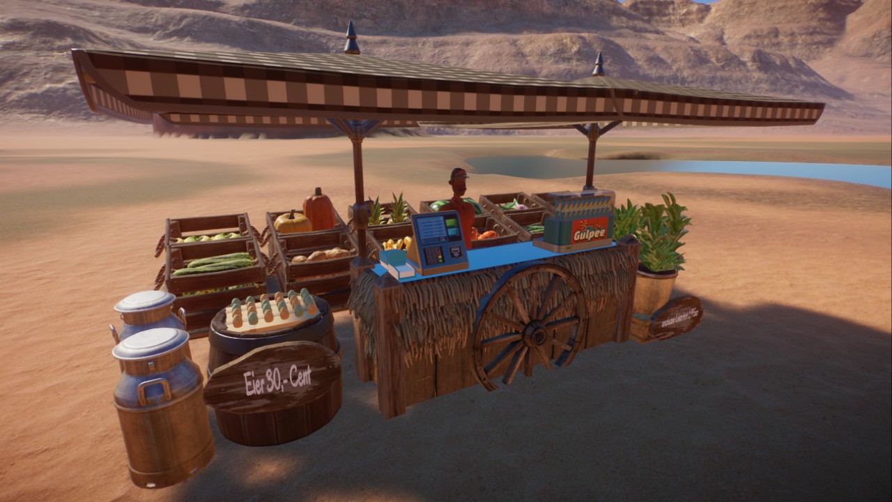 food or drink market stall in rustic barnyard style, Marktstand für Essen oder Trinken im rustikalen Scheunenhof Stil