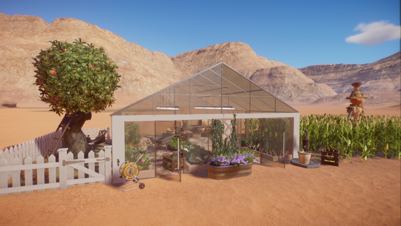 greenhouse with garden and corn field, Gewächshaus mit Garten und Maisfeld