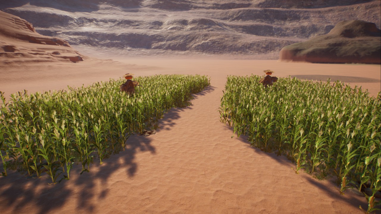 Cornfield with path and scarecrows, Maisfeld mit Weg und Vogelscheuchen