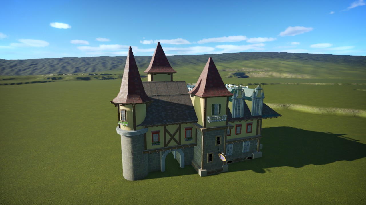 a large medieval house with Towe