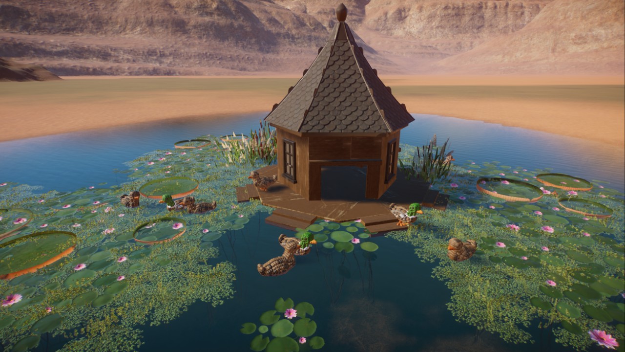 duck house with ducks and scenery, Entenhaus mit Enten und Szenerie