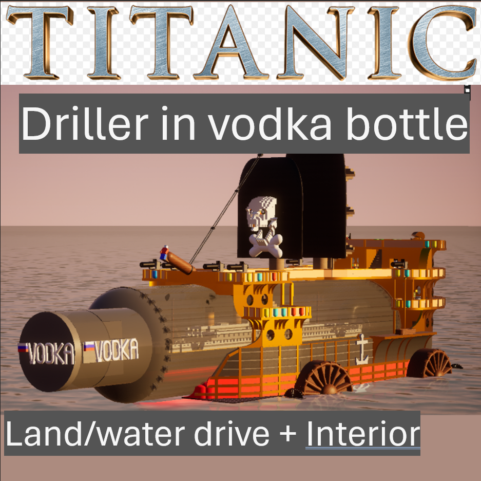 2.0 Titanic in large bottle on pirate ship land/water drive + interior