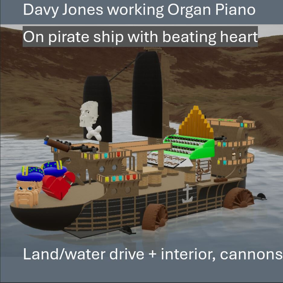 Working Organ piano Davy Jones on pirate ship with beating heart land/water drive + interior
