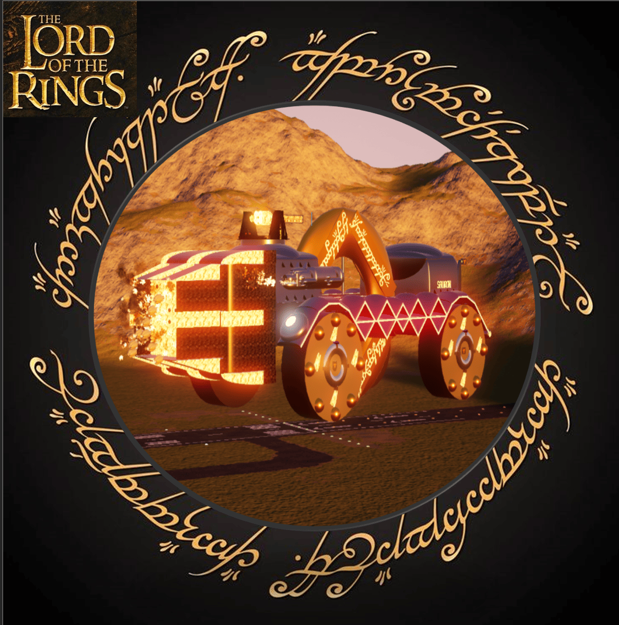 Working One Ring Theme wheel on functional volcano Mount Doom drill, laser eye fortress + interior