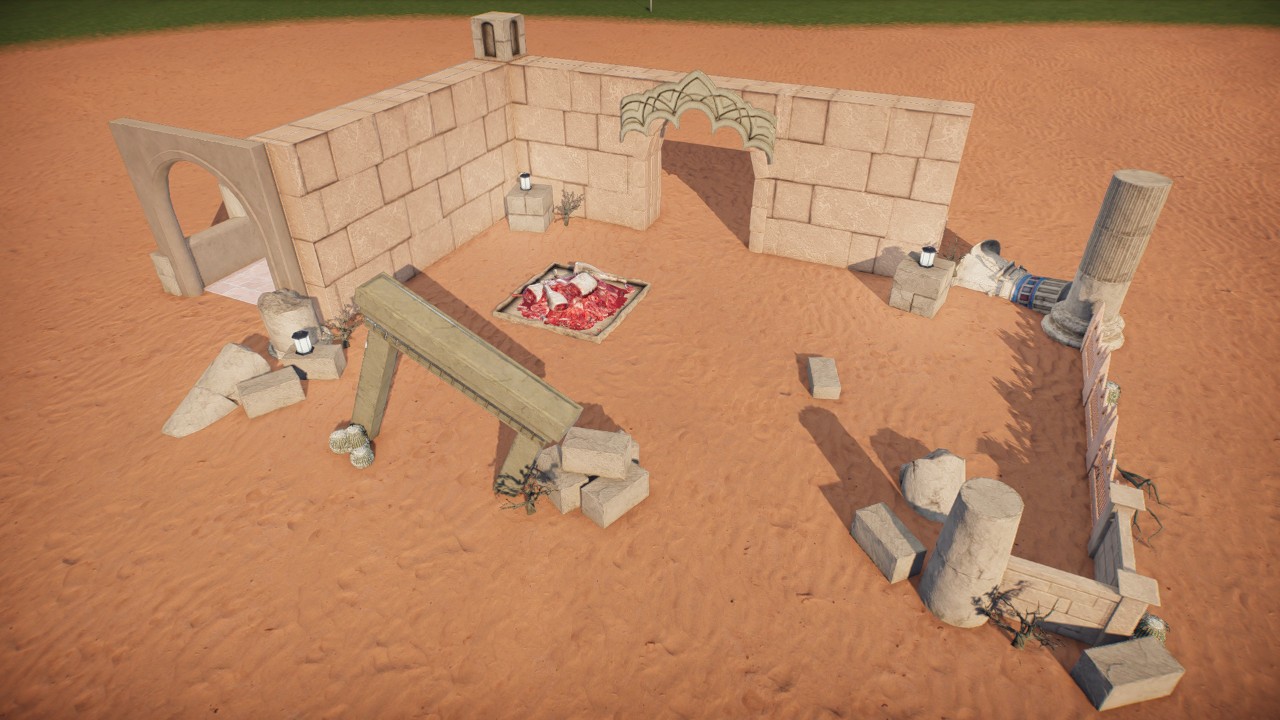 Desert ruins, carnivore feeder and small shelter