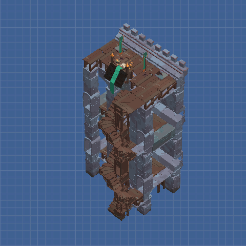 Tower Wall, 3 levels, single wall, only top archer stations, 4x buffs, with stairwell, 1 of 16