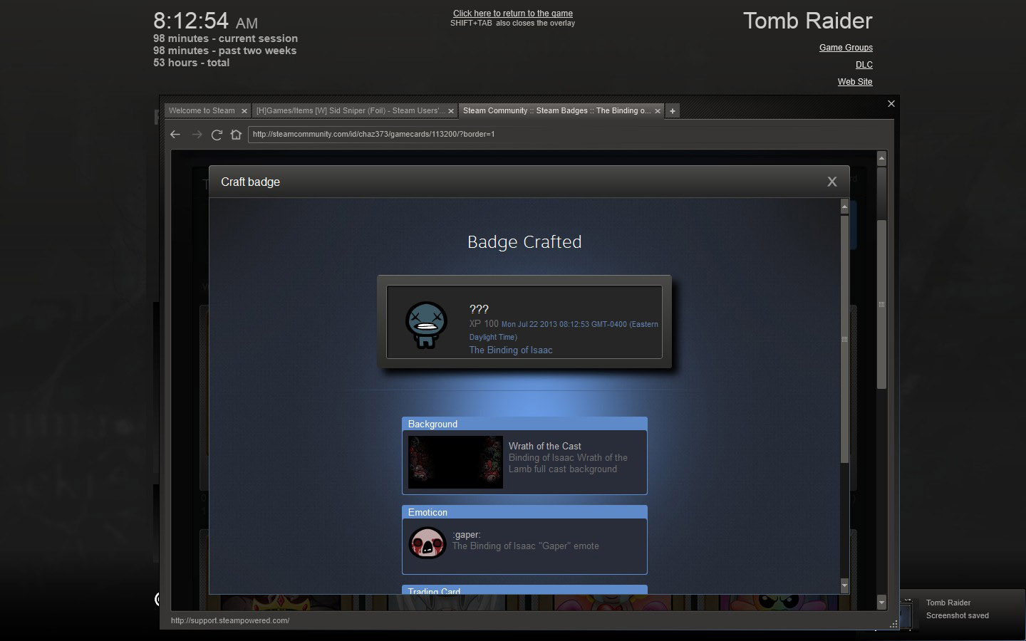 Steam Community :: Screenshot :: HoRaaaayyyy! Binding of Isaac Foil Badge !  Yes I happened to have been playing TR @tehTiMe!