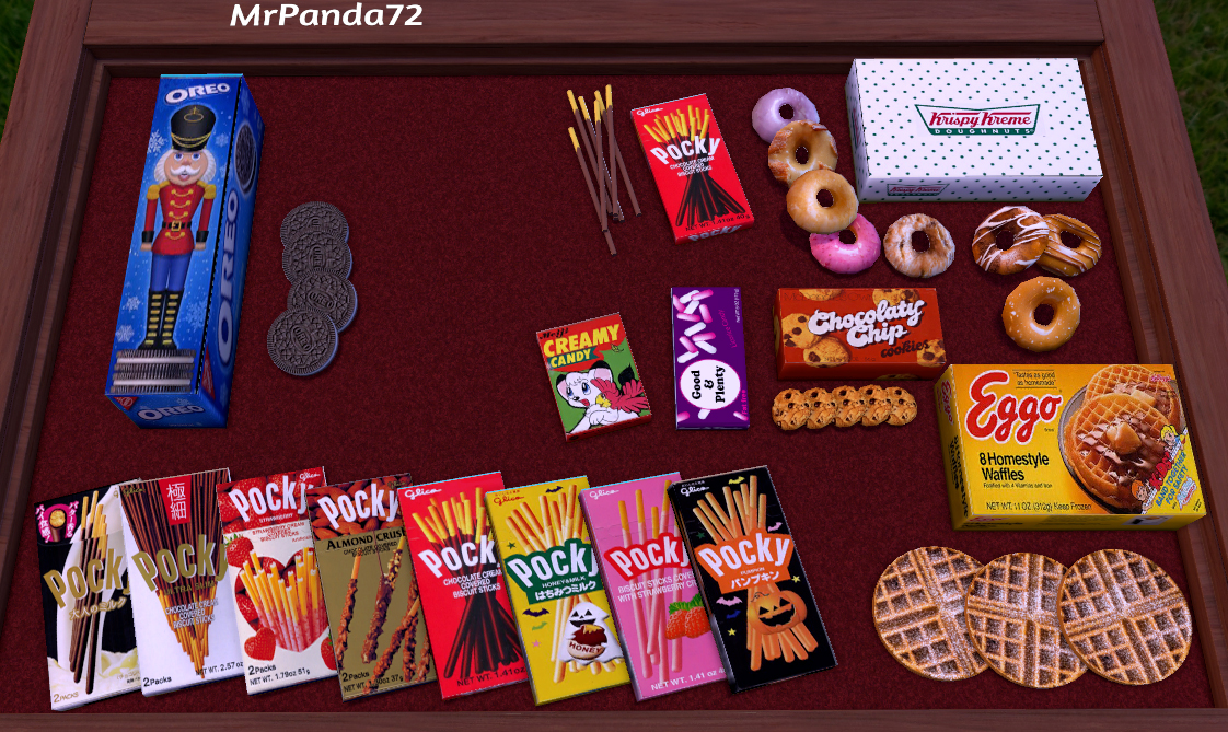 Pocky, Eggo Waffles, McDonalds Chocolate Chip Cookies, Krispy Kreme Donuts, Oreos, Good & Plenty