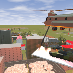 Helicopter with ropeattached Tank