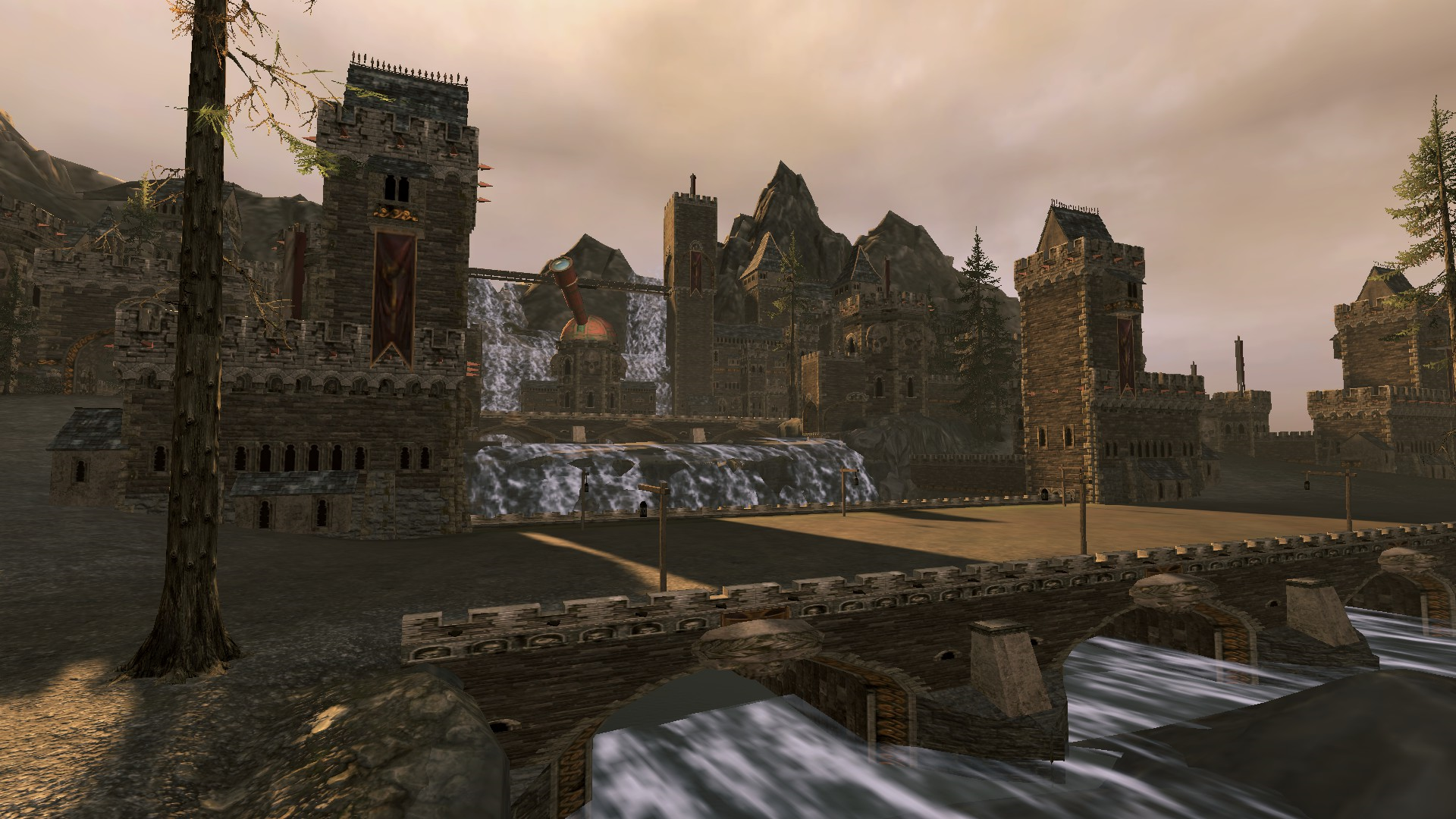 town with waterfall