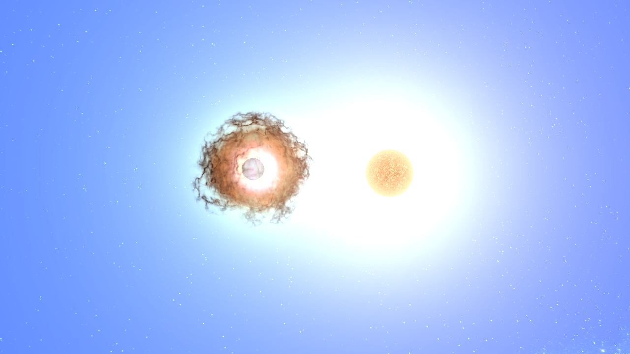 Star eats star and one star sheds its layers