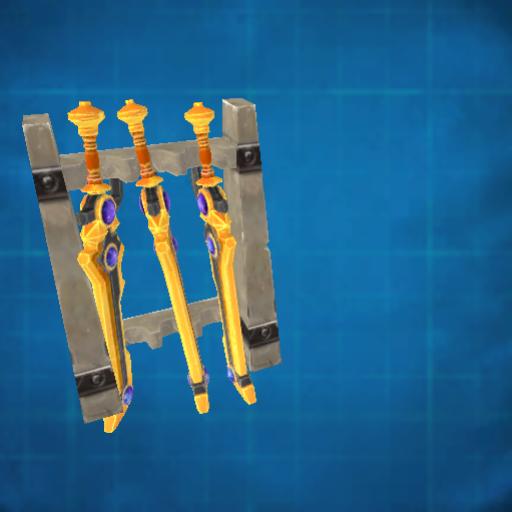 Legendary gold sword on a stone weapon rack preview