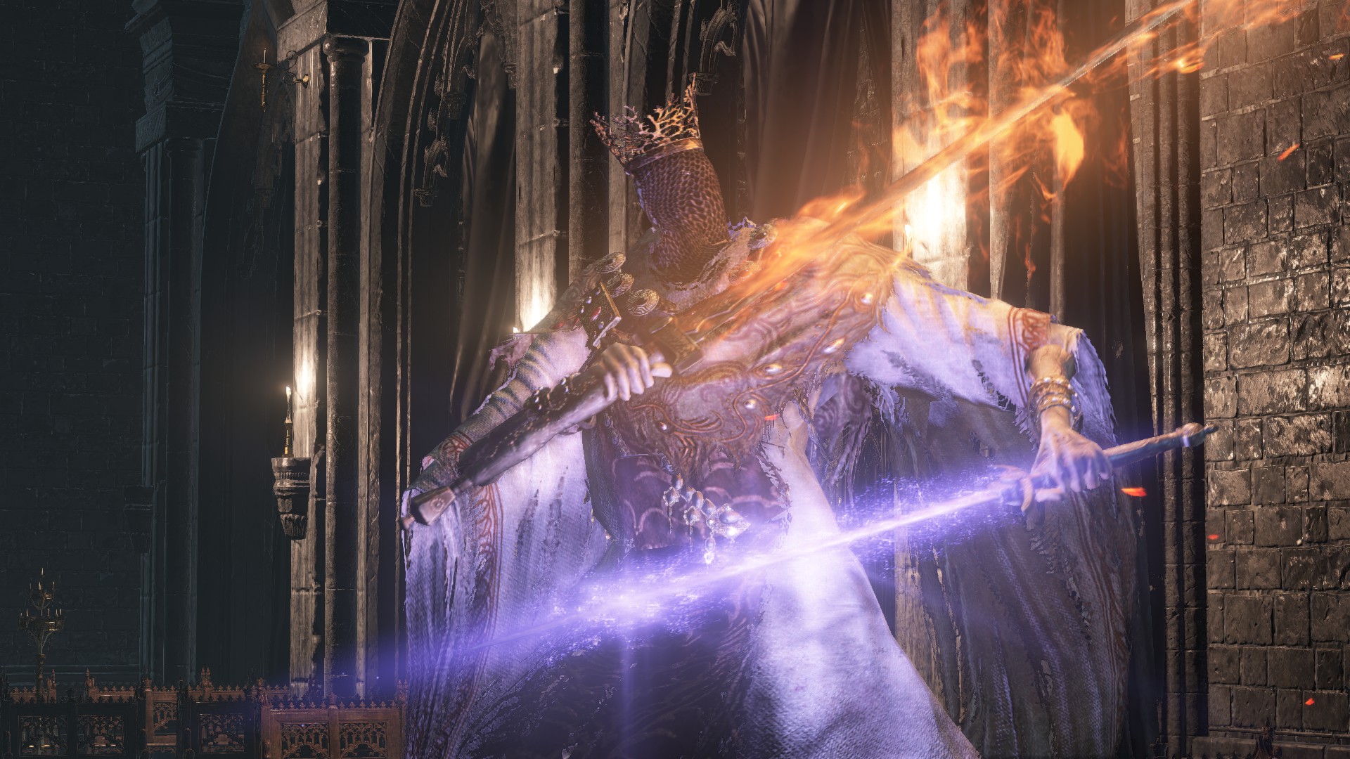 Pontiff Sulyvahn boss encounter in Dark Souls III — twin swords of fire and dark, cathedral arena fog gate