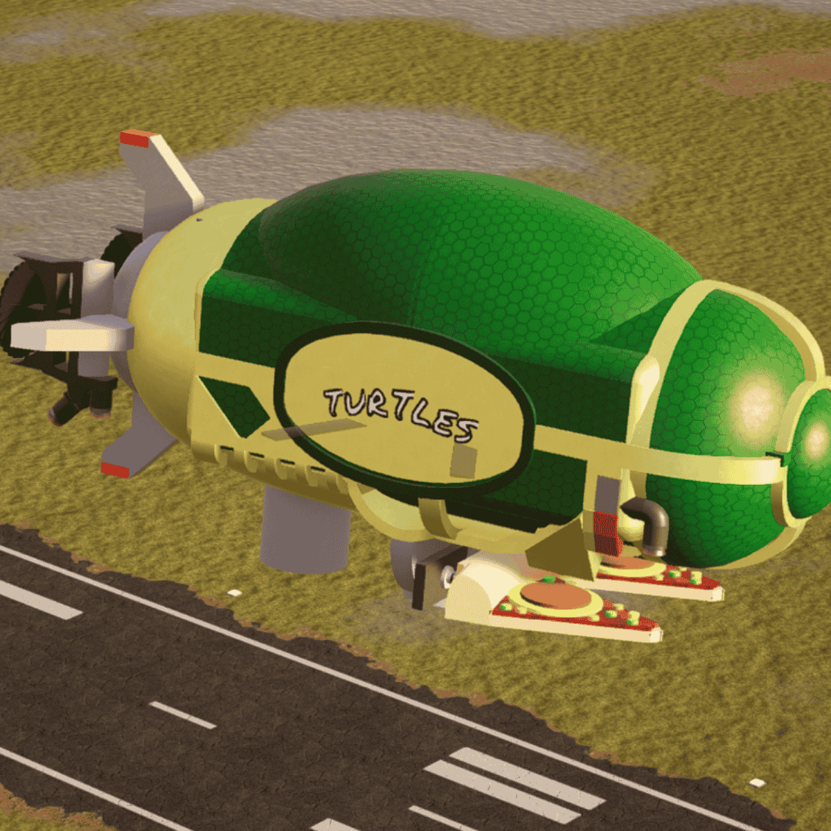 Ninja Turtles blimp plays music, pizza slices of power